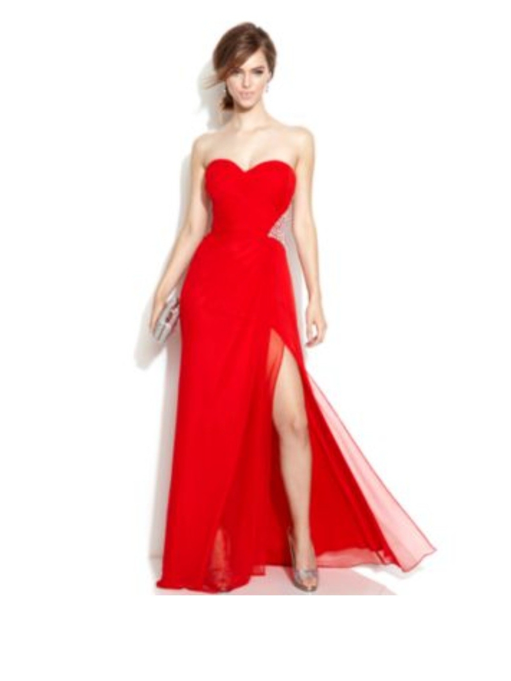 Xscape Strapless Red Sweetheart Gown with High Slit